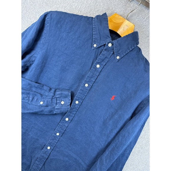 Ralph Lauren Mens Size L Linen Button Down Shirt Custom Fit Red Pony Logo Yacht - Picture 1 of 12